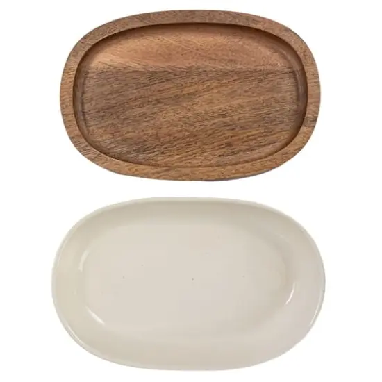 Hello Honey&reg; 13" Cream Stoneware Serving Dish with Natural Mango Wood Base {4}