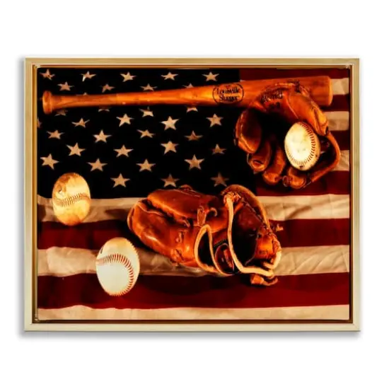 Stupell Industries Vintage American Flag Baseball Photo Floater Framed Art Gold {1}