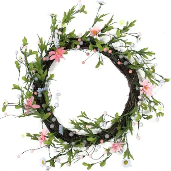 15" Green, Pink, and Purple Artificial Spring Floral Twig Wreath {1}
