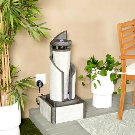 34.5" Light Gray Fiberglass 2-Tier Geometric Fountain with LED Light {8}