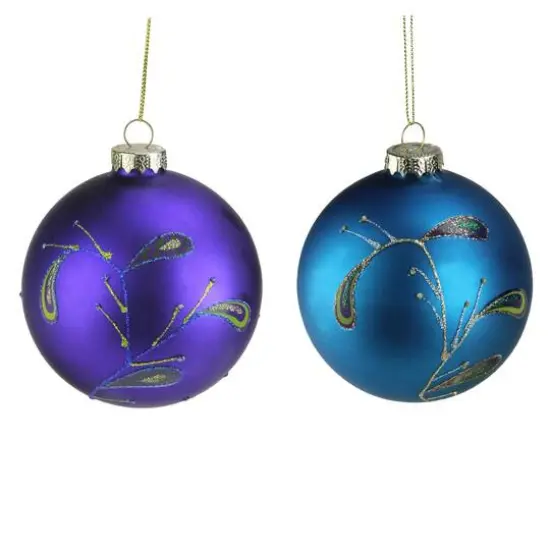 2ct. 4" Purple & Blue 2-Finish Peacock Glass Ball Ornaments {5}