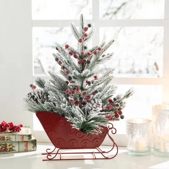 Glitzhome&reg; 21" Christmas Red Sleigh Frosted Floral Centerpiece {3}