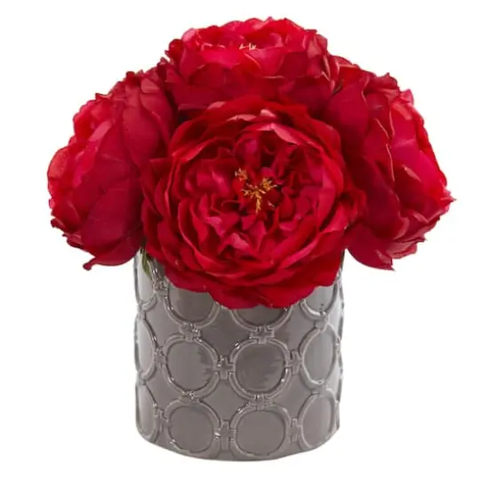 10" Large Rose Arrangement in Gray Vase Red {1}
