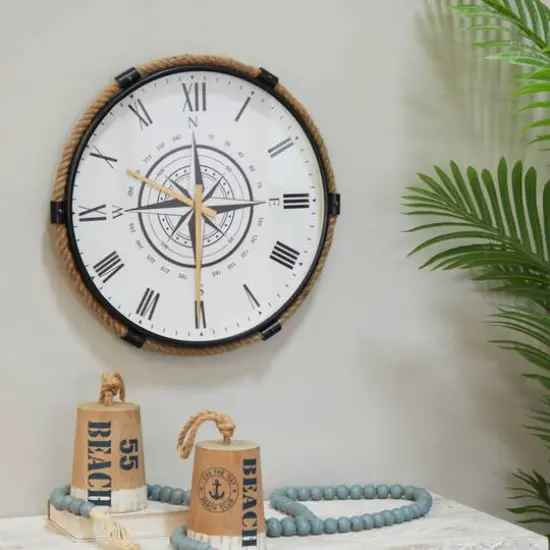 20" Brown Stainless Steel Compass Wall Clock with Rope Accents {8}