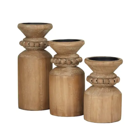Brown Wood Traditional Candle Holder Set {1}