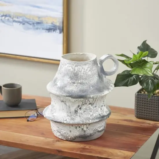 15" Light Gray Textured Paper Mache Fluted Vase with Ring Handle {3}