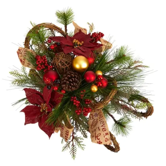 18" Christmas Sleigh with Poinsettia, Berries & Pinecone Artificial Arrangement with Ornaments {5}