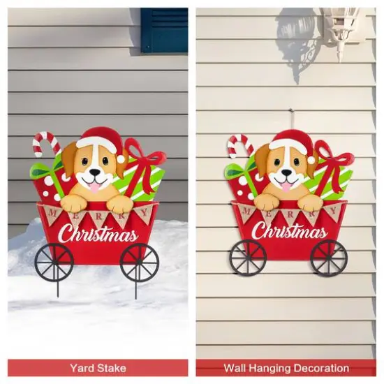 Glitzhome&reg; 24" Metal Christmas Dog and Gift Cart Yard Stake {7}