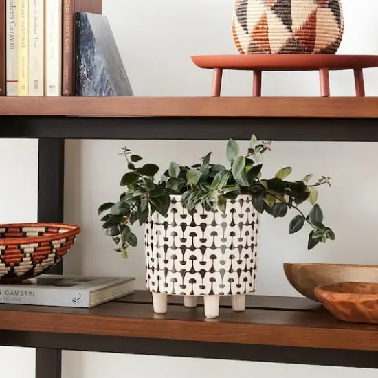 Hello Honey&reg; 8" Footed Stoneware Planter with Abstract Print Black {3}