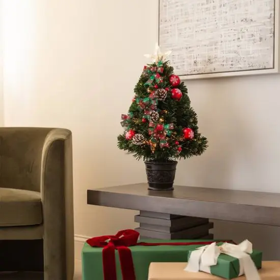 2ft. Pre-Lit Fir Artificial Christmas Tree in Planter, White Optic Fiber Lights {8}