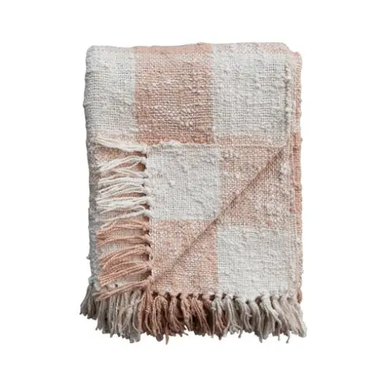 Hello Honey® Blush & Cream Plaid Hand-Woven Cotton Throw with Fringe {5}