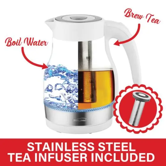 Brentwood 1.79qt. White Cordless Glass Electric Kettle with Tea Infuser and Swivel Base {6}
