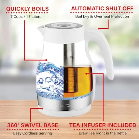 Brentwood 1.79qt. White Cordless Glass Electric Kettle with Tea Infuser and Swivel Base {5}