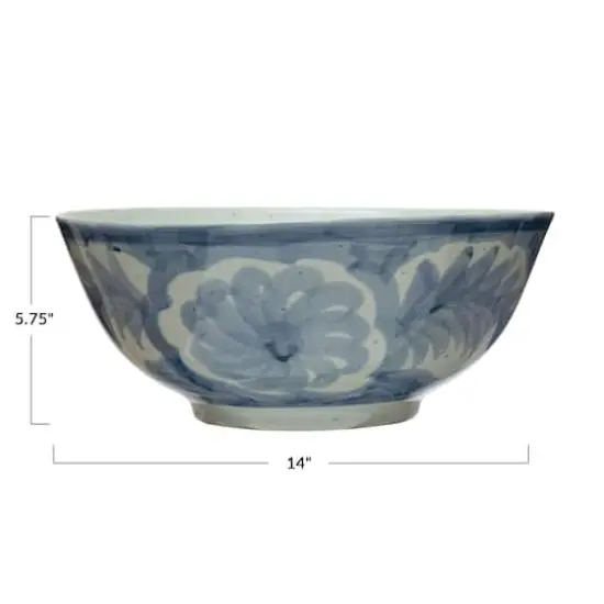 Hello Honey® 14" Blue & White Hand Painted Stoneware Bowl with Floral Design {1}
