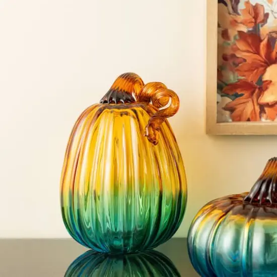 Glitzhome&reg; 7" Gradient Turquoise Glass Pumpkin {5}