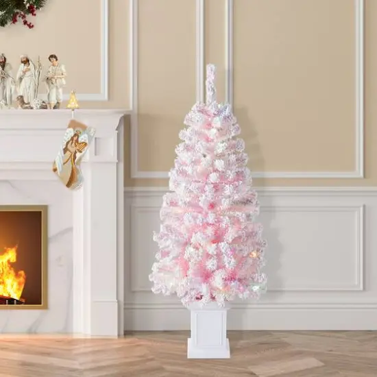 Glitzhome&reg; 4ft Pre-Lit Flocked Pink Artificial Christmas Porch Tree, Multi-color LED Lights {3}