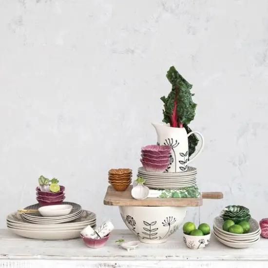 Hello Honey® 12" Cream & Black Embossed Flowers Hand-Painted Stoneware Serving Bowl {5}