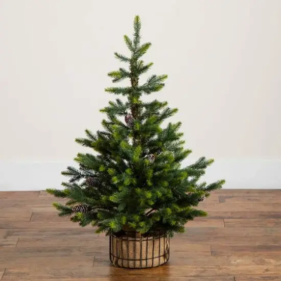 3ft. Artificial Balsam Fir Christmas Tree with Pine Cones in Jute Wire Planter {6}