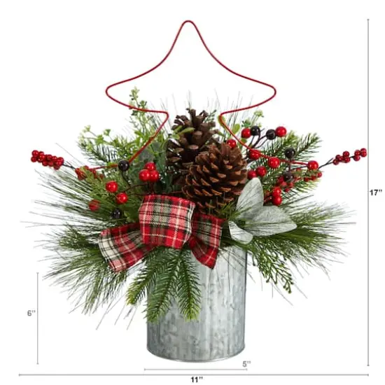 17" Pinecone & Berries Artificial Christmas Arrangement with Decorative Metal Vase & Wire Red Christmas Tree {4}