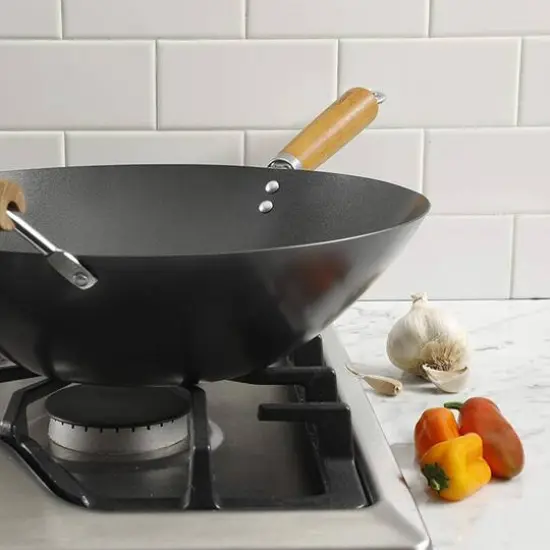 Kenmore&reg; Hammond 14'' Black Flat Bottom Carbon Steel Wok with Wooden Handles {6}