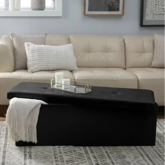 Simplify 44" Faux Leather Triple Folding Storage Ottoman Black {5}