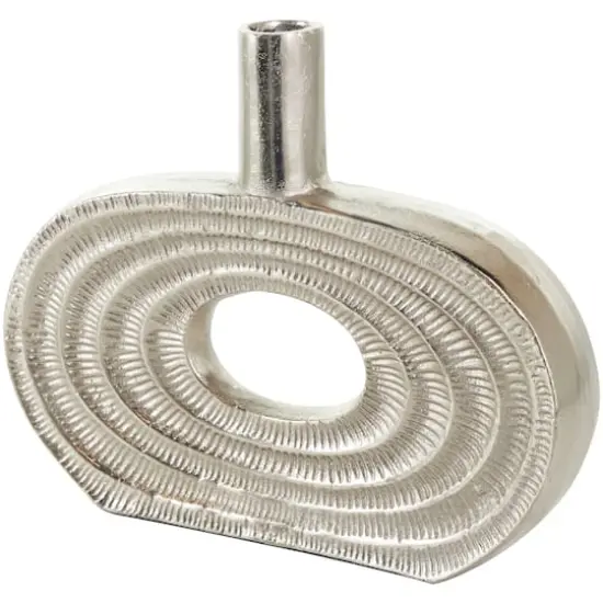 12" Silver Aluminum Geometric Circular Vase with Linear Etchings {1}