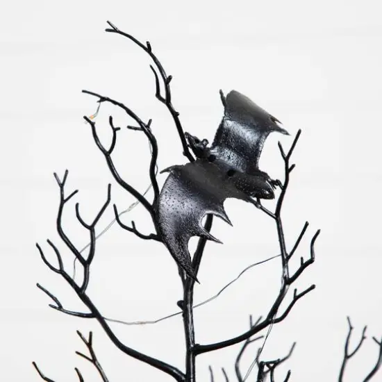 4ft. Pre-Lit Artificial Halloween Black Spooky Twig Tree with Bats and 120 Orange & Purple LED Lights {6}