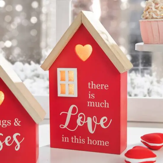 Glitzhome&reg; Lighted Valentine's Wooden House Table D&eacute;cor Set {7}