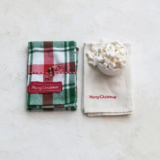Hello Honey&reg; 28" Brushed Cotton Flannel & Linen Tea Towel with Merry Christmas Embroidery Set {3}