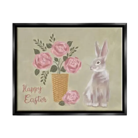 Stupell Industries Happy Easter Bunny Rose Bouquet Floater Framed Art Black {1}