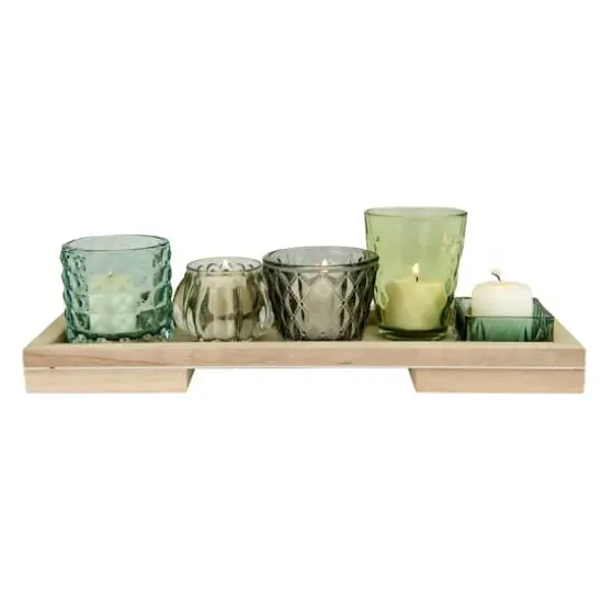 Hello Honey&reg; 13.25" Glass Votive & Tealight Holders On Wood Tray Set {3}