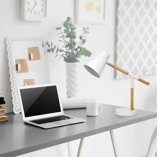 Simple Designs 16.7" Wooden Pivot Desk Lamp Matte White and Wood {6}