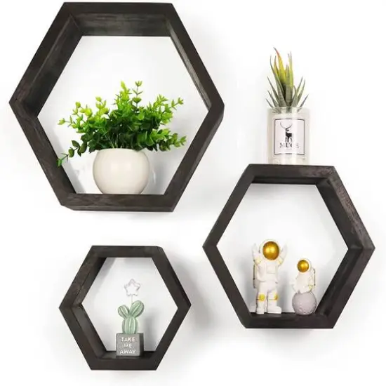 Black Hexagon Floating Shelves Set {3}