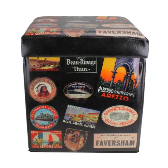 15" Brown with Travel Stickers Collapsible Ottoman {4}