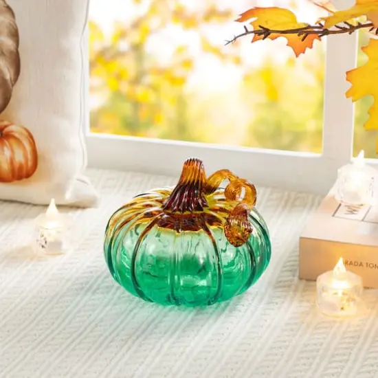 Glitzhome&reg; 5.75" Gradient Turquoise Glass Pumpkin {3}