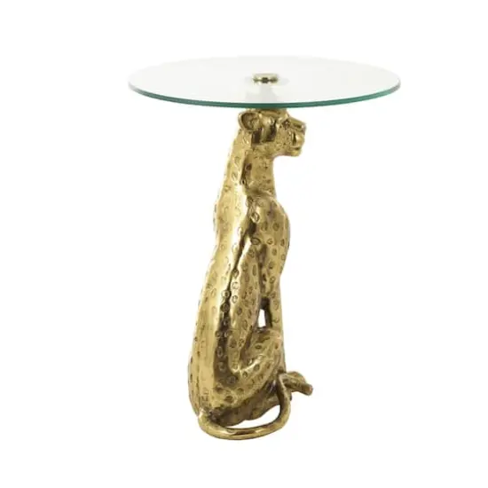 25" Gold Aluminum Leopard Spotted Sitting Accent Table with Glass Tabletop {4}