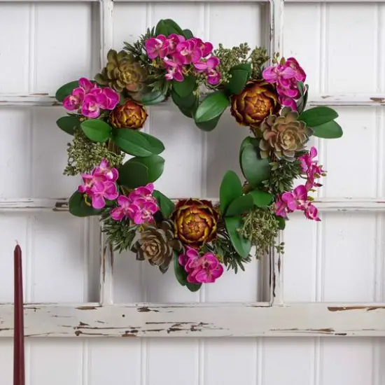 20&rdquo; Orchid, Artichoke & Succulent Wreath {6}