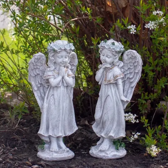 10" Gray Angel Girl with Floral Crown Garden Statue {3}