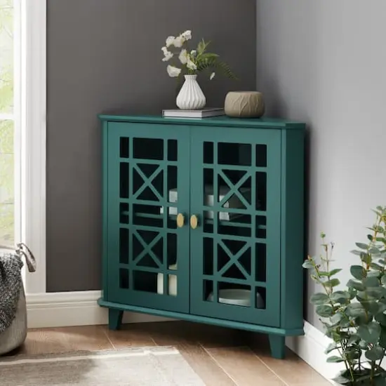 Walker Edison 30" Dark Teal Fretwork Corner Accent Cabinet {5}