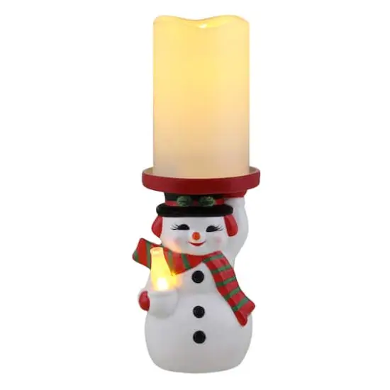 6" Snowman Ceramic LED Lit Candle Holder & Flameless Candle {1}