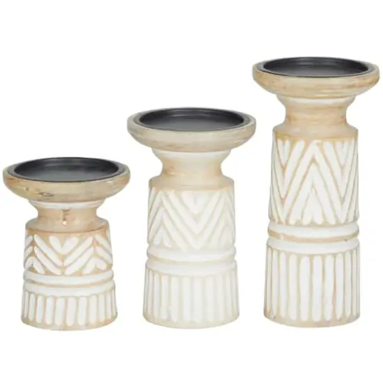 Light Brown Mango Wood Carved Tribal Pillar Candle Holder Set {5}