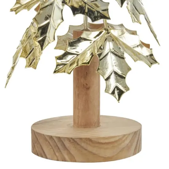 Gold Metal Layered Holly Leaf Christmas Tree Sculpture Set {5}