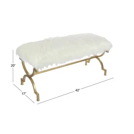 White Fur & Metal Contemporary Bench {6}
