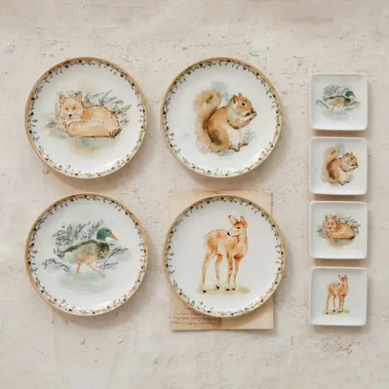 Hello Honey&reg; 4" Woodland Animal Square Stoneware Plate Set {3}