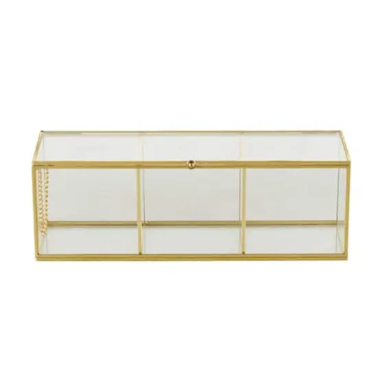 10" x 4" x 4" Clear & Gold 3-Slot Glass & Metal Slim Rectangular Jewelry Box with Chain Accent {8}