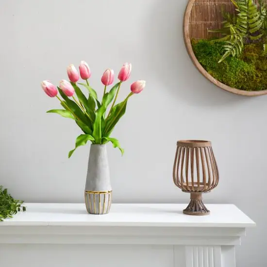 22" Mauve Dutch Tulip Arrangement in Gold Trim Stoneware Vase {4}