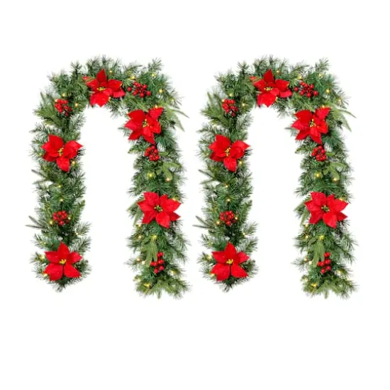 Glitzhome® 6ft. Pre-Lit Pine, Red Poinsettia & Berries Christmas Garlands with Timers, 2ct. {1}