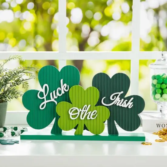 Glitzhome&reg; 16" St. Patrick's Wooden Shamrocks Table D&eacute;cor {3}