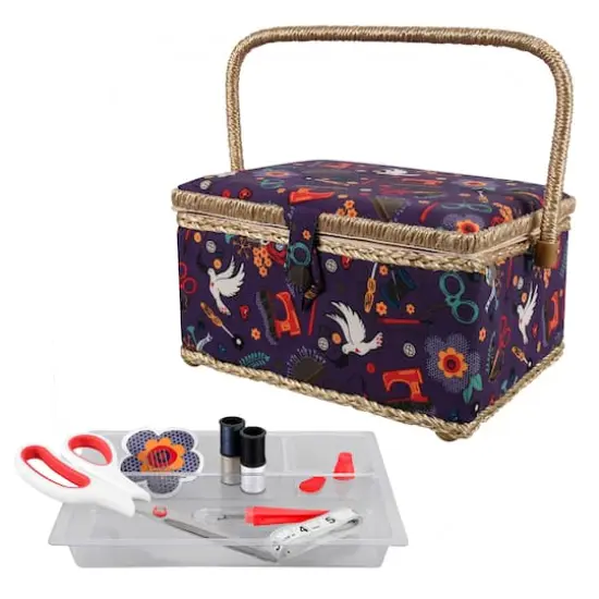 SINGER&reg; Large Purple Notions Print Sewing Basket with Sewing Scissors & Notions {1}