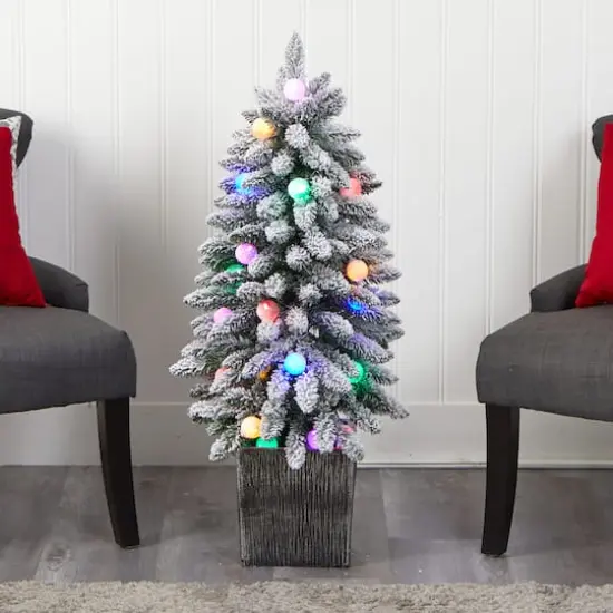 3ft. Pre-Lit Flocked Highland Fir Artificial Christmas Tree in Decorative Planter, Multicolor 20 LED Lights {3}
